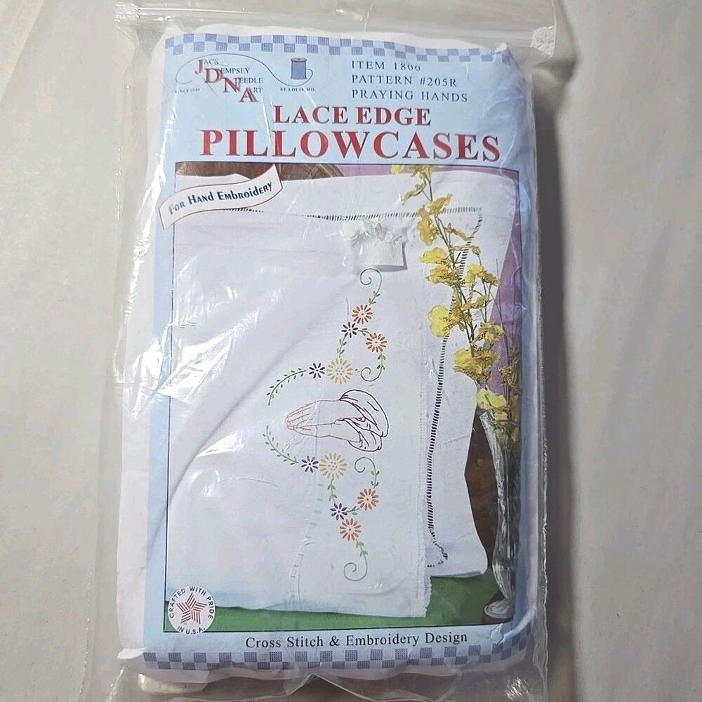 Embroidery Kit 2 Pillowcases Praying Hands Cross stitch Lace Edged Jack Dempsey